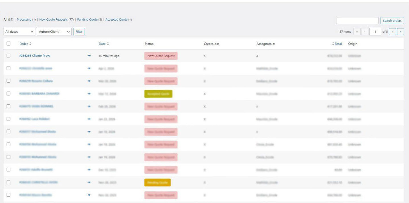 Area gestore del configuratore Ercole con l'elenco delle richieste di preventivo, stato e agente assegnato