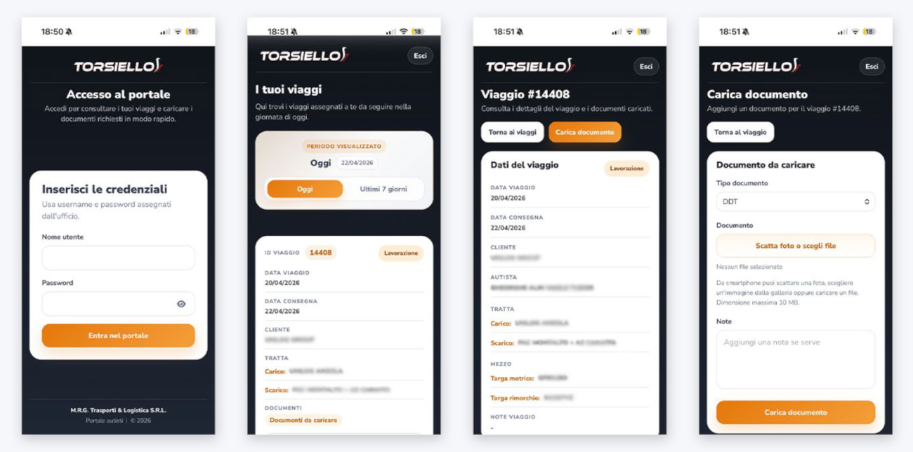Portale autisti mobile per la consultazione dei viaggi e il caricamento dei documenti da smartphone