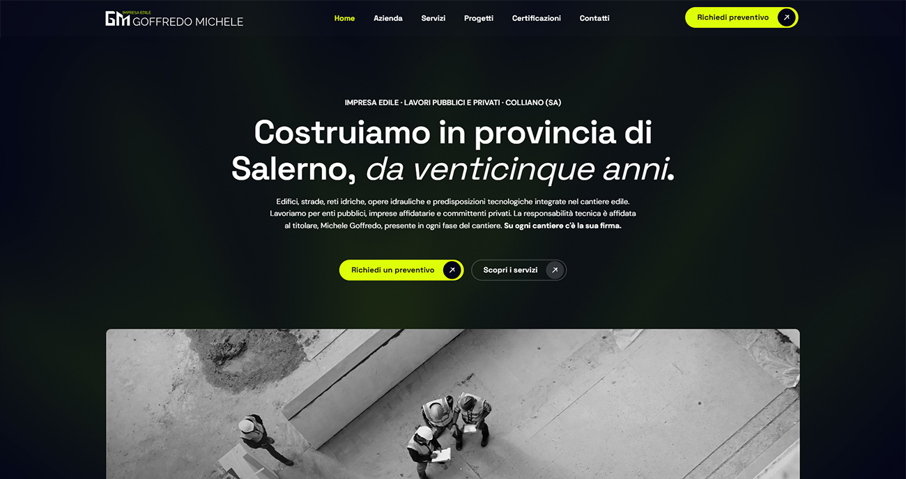 Sezione azienda del sito Impresa Edile Goffredo Michele con storia e numeri chiave