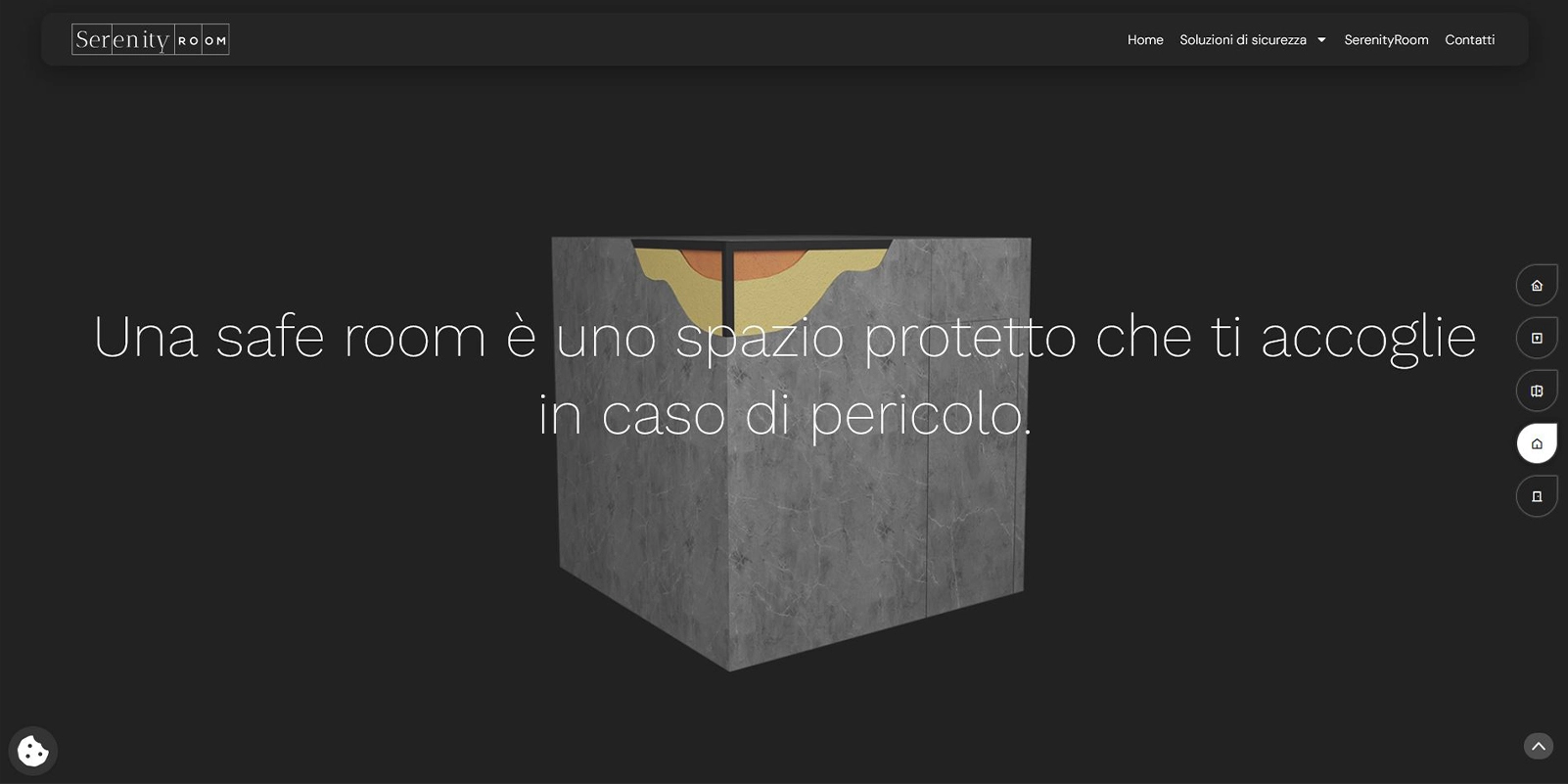 Sito Serenity Room, homepage: modello 3D della safe room con il titolo della sezione