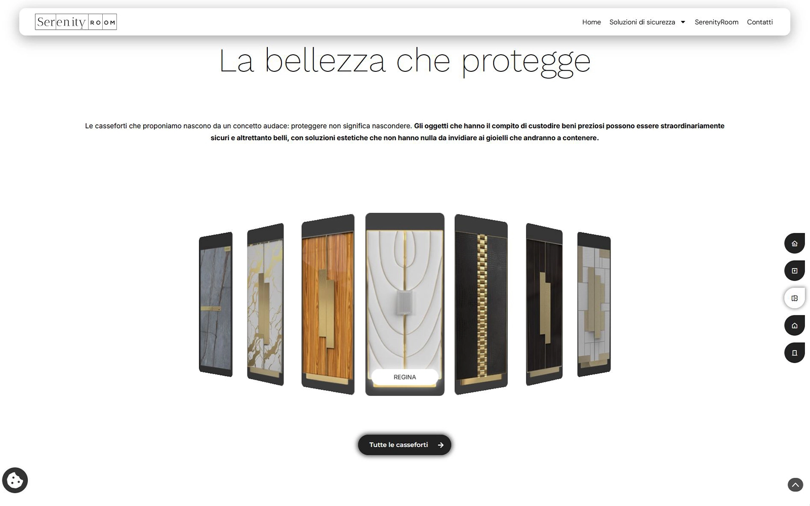 Sito Serenity Room, sezione casseforti: i modelli disposti a ventaglio da sfogliare