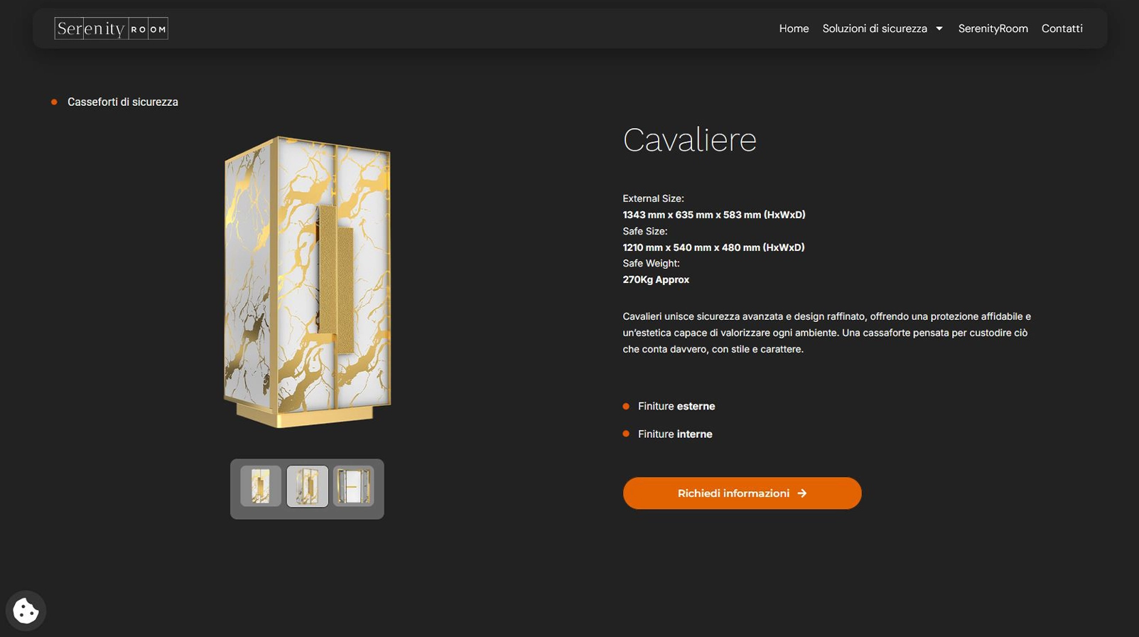 Sito Serenity Room, scheda del modello Cavaliere con misure, finiture e richiesta di informazioni