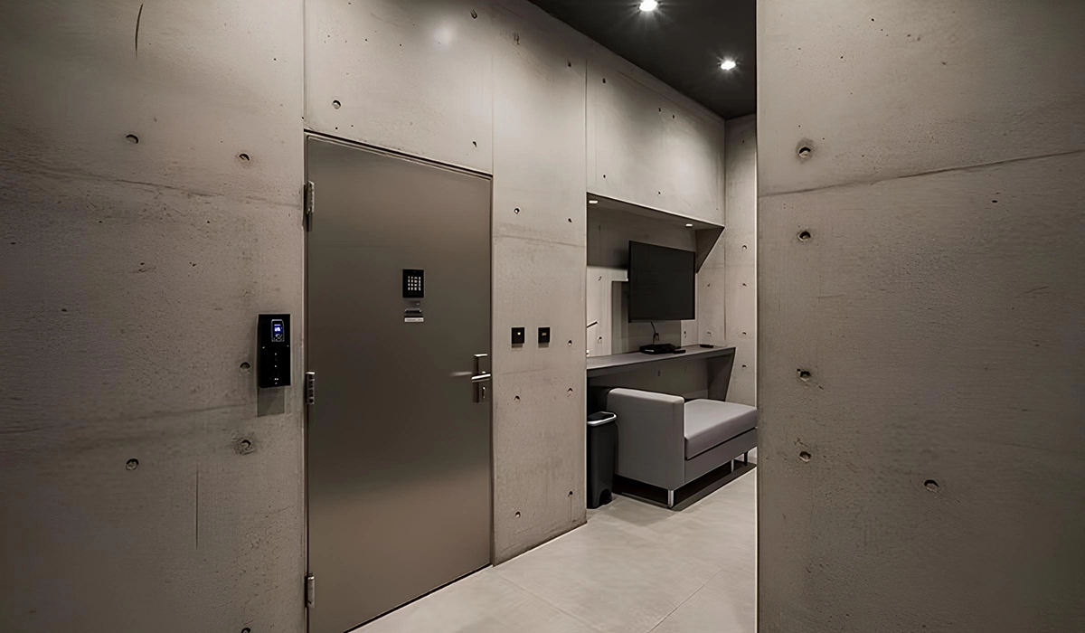 Panic room tradizionale con pareti in cemento e porta in acciaio