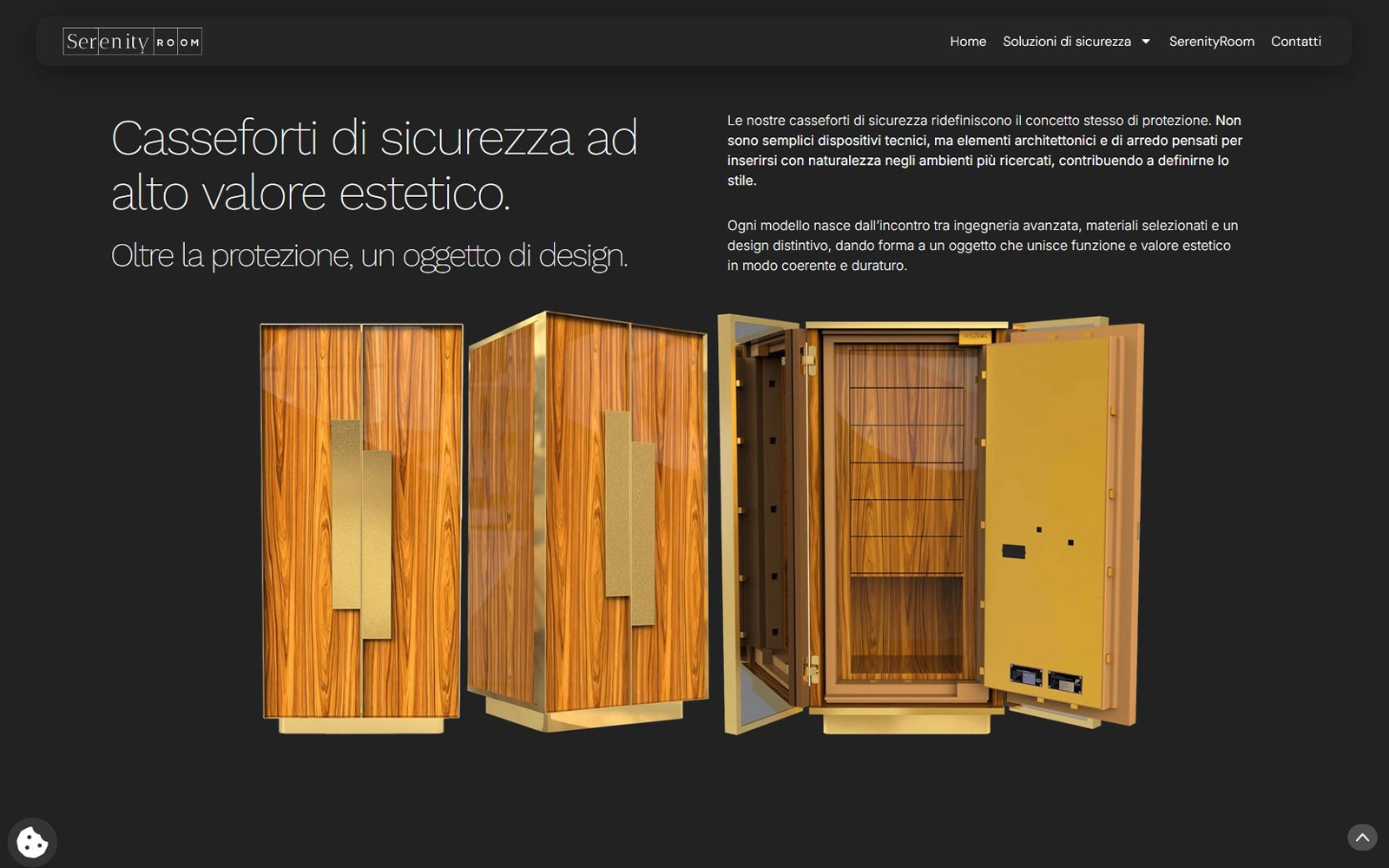 Sito Serenity Room, pagina casseforti: tre modelli in legno e ottone, chiusi e aperti