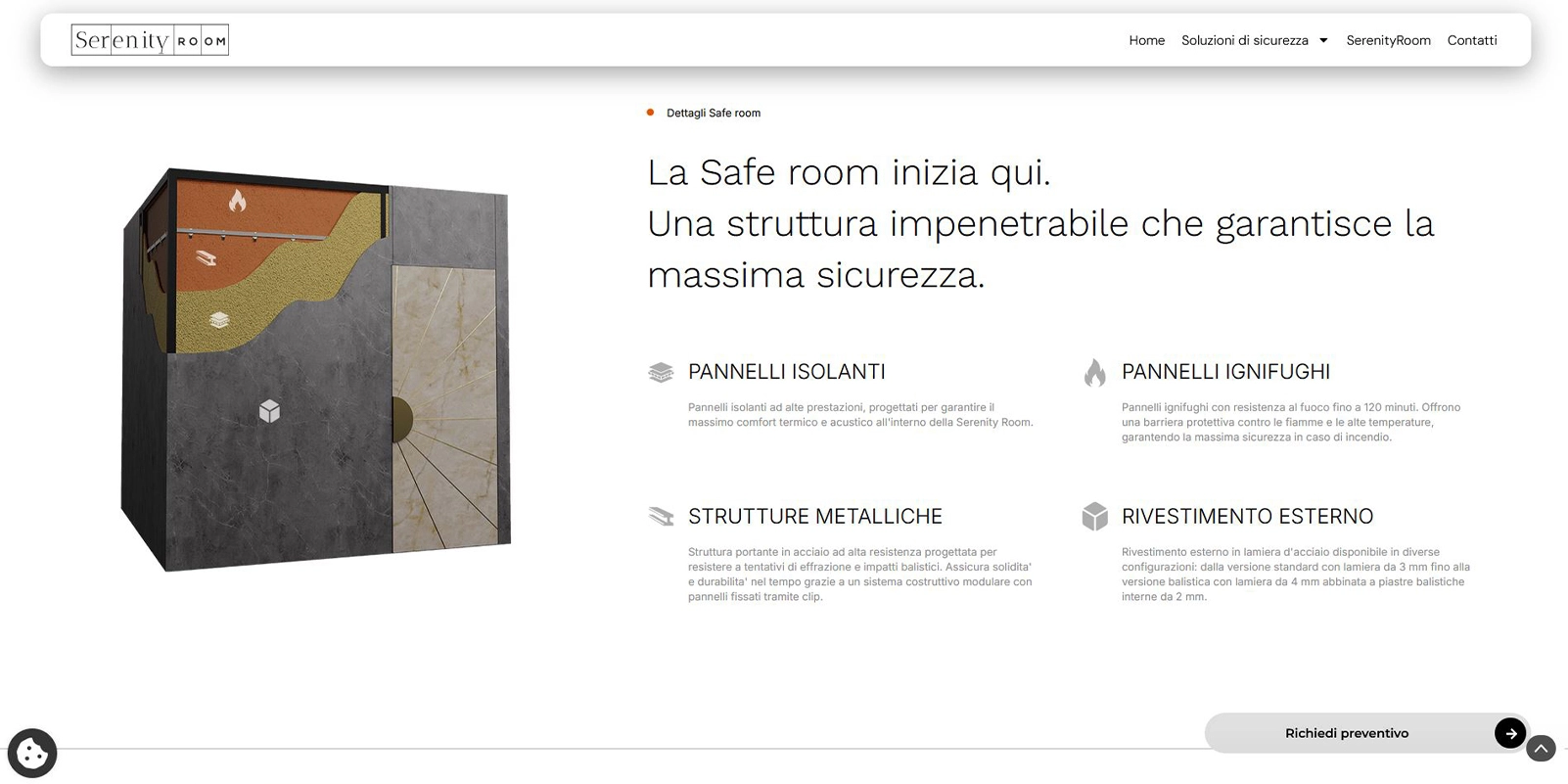 Sito Serenity Room: safe room in 3D aperta in sezione con isolamento, pannelli ignifughi e struttura in acciaio